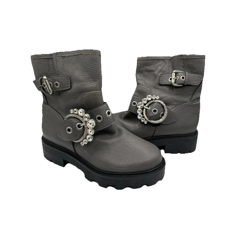NEW KARL LAGERFELD PARIS Marceau Jeweled Gray Leather Ankle Boots Sz 5.5 M NEW